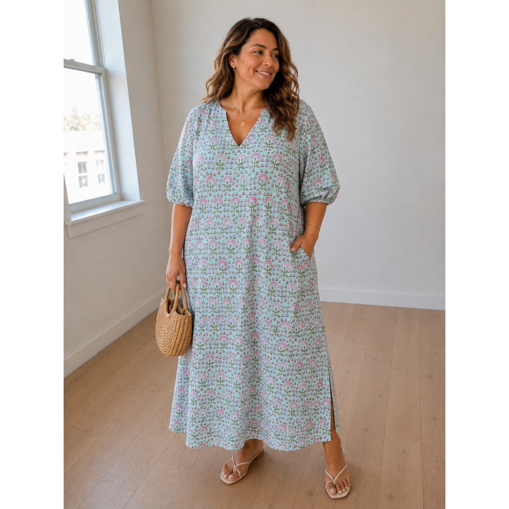 Madison Mathews Floral Cotton Maxi Dress XL Blue Pink Cottagecore Boho Midi